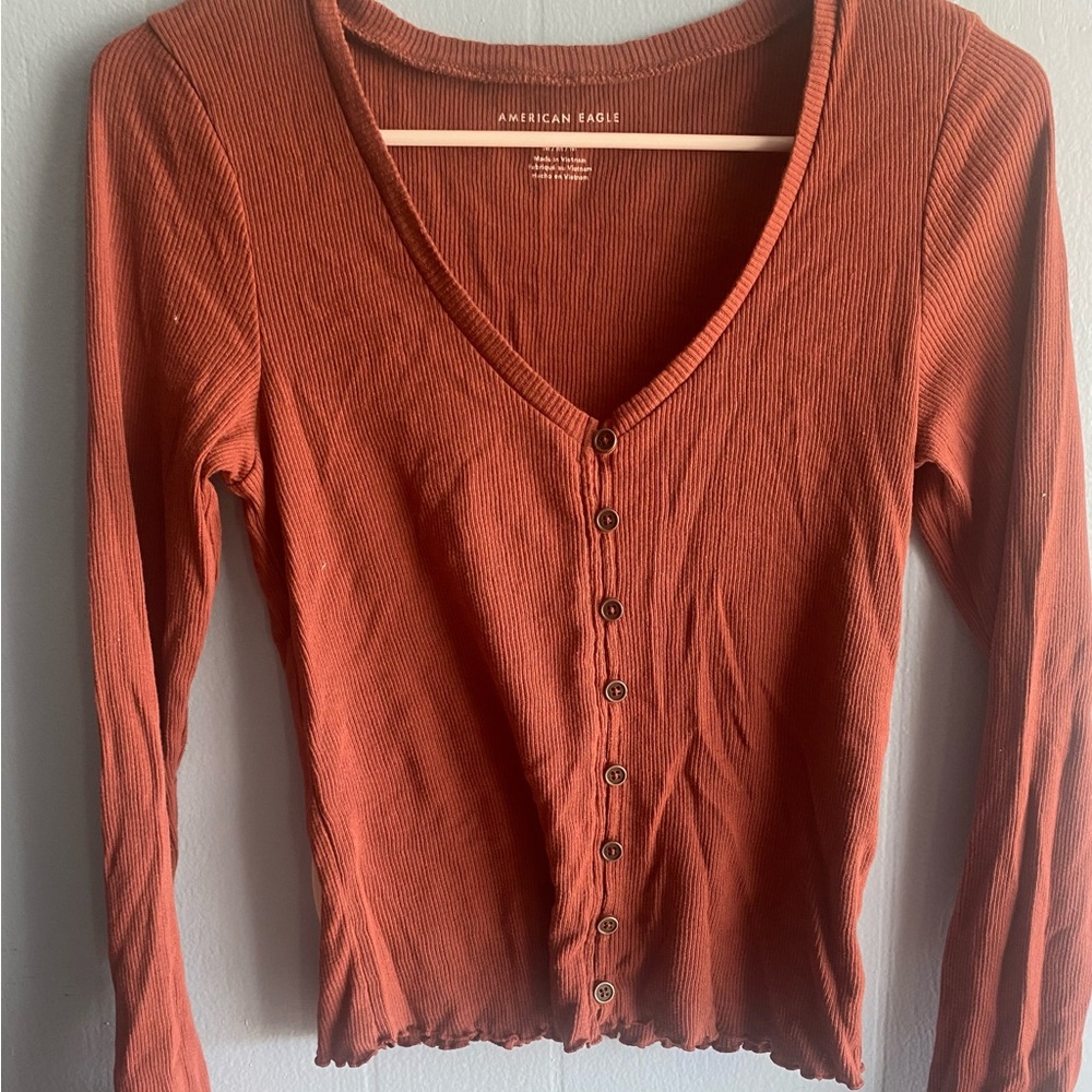 American Eagle Outfitters Ribbed Button-Up Long Sleeve Top - Rust Orange